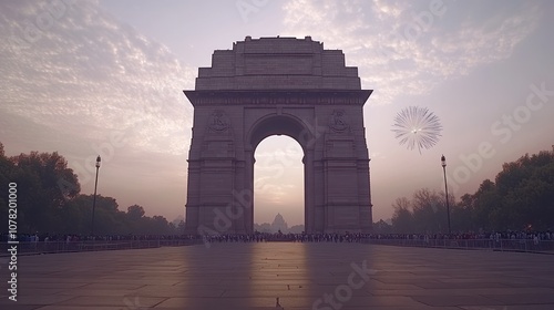 The India Gate, a war memorial in New Delhi, India, at dusk with a blurred firework in the background. photo