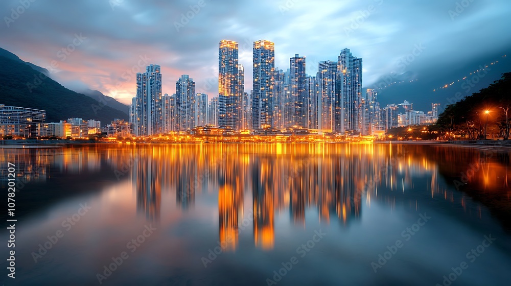 Obraz premium The city skyline is beautifully illuminated, its towering buildings reflecting on the serene, still waters below
