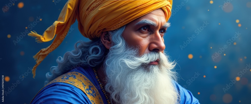 Fototapeta premium Elegant artwork of Guru Nanak Dev Ji in blue and gold capturing divine essence and spirituality