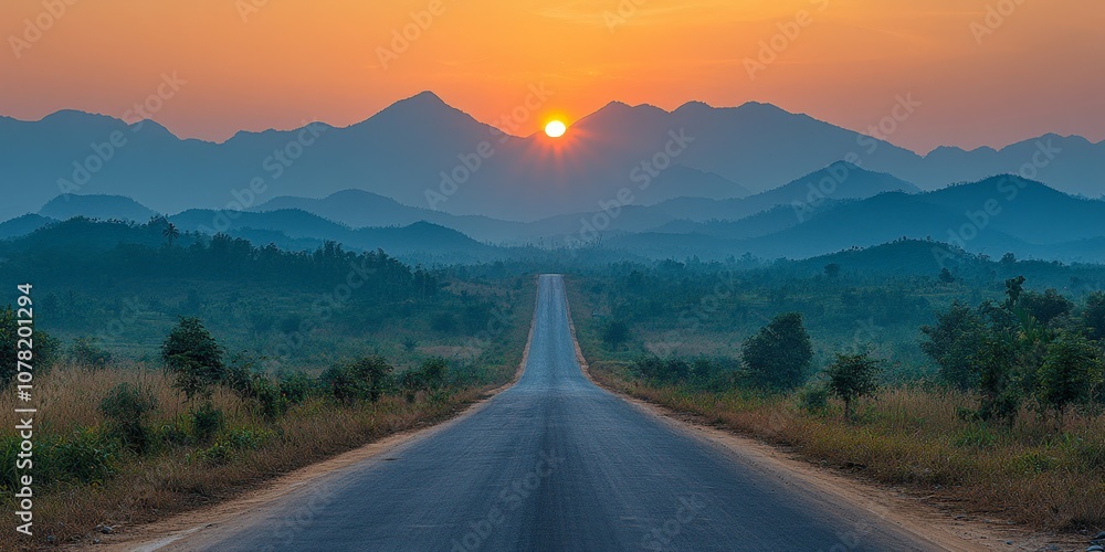 Winding road sunset: scenic path leading through hills toward bright horizon Winding road sunset: scenic path leading through hills toward bright horizon