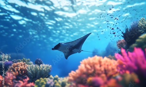 Manta rays gracefully pass through the coral-surrounded waters. Generative AI