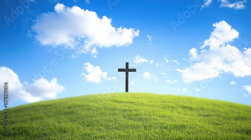 Simple cross on a grassy field under a bright blue sky, providing ample copy space for uplifting text