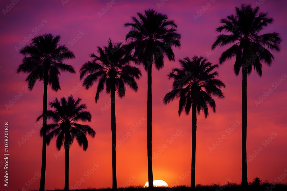 Row of palm trees silhouetted against a bright orange and purple horizon with the sun halfway set, Ai Generated Row of palm trees silhouetted against a bright orange and purple horizon with the sun halfway set, Ai Generated