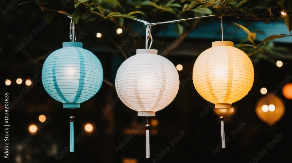 Obraz premium Three colorful paper lanterns hang from a tree branch, lit up and glowing in the evening.