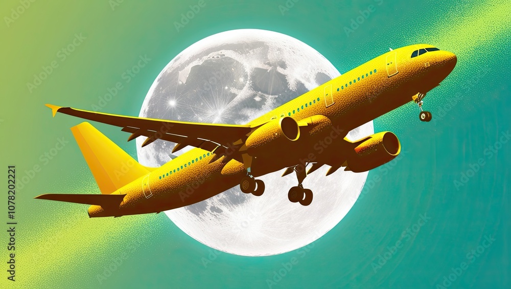 Airplane Flying in Front of the Moon,This image can be used for travel, aviation, or futuristic concepts Airplane Flying in Front of the Moon,This image can be used for travel, aviation, or futuristic concepts