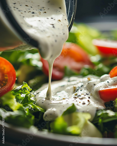 creamy ranch dressing pouring over a vibrant garden salad featuring ripe tomatoes and crisp greens