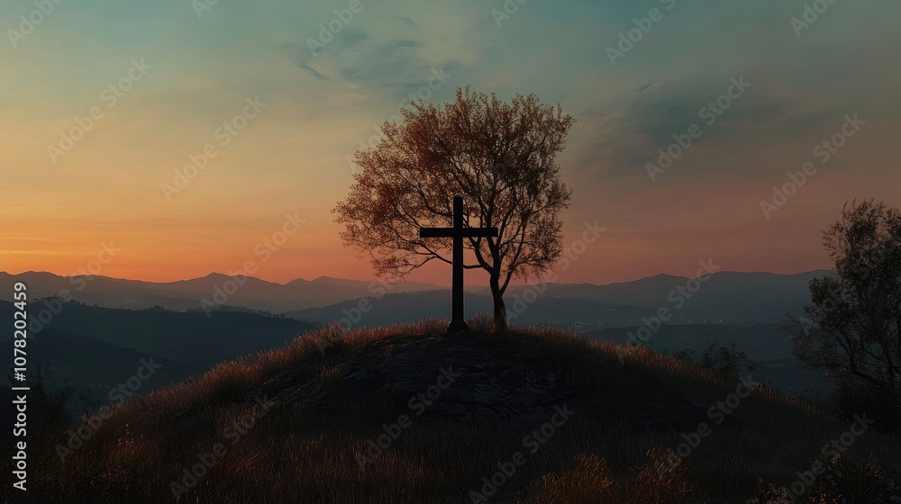 Obraz premium Simple cross on a hill at dusk, providing space for thoughtful and contemplative text