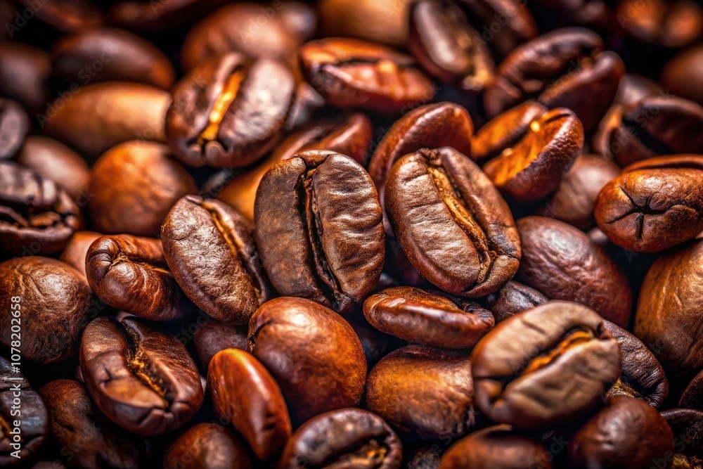 Obraz premium Close-Up of Rich Coffee Beans in Macro Photography - Aromatic, Dark Brown, Organic Coffee, Natural Texture, Freshly Roasted Beans, Coffee Lovers, Beverage, Gourmet, Coffee Culture, Cafe
