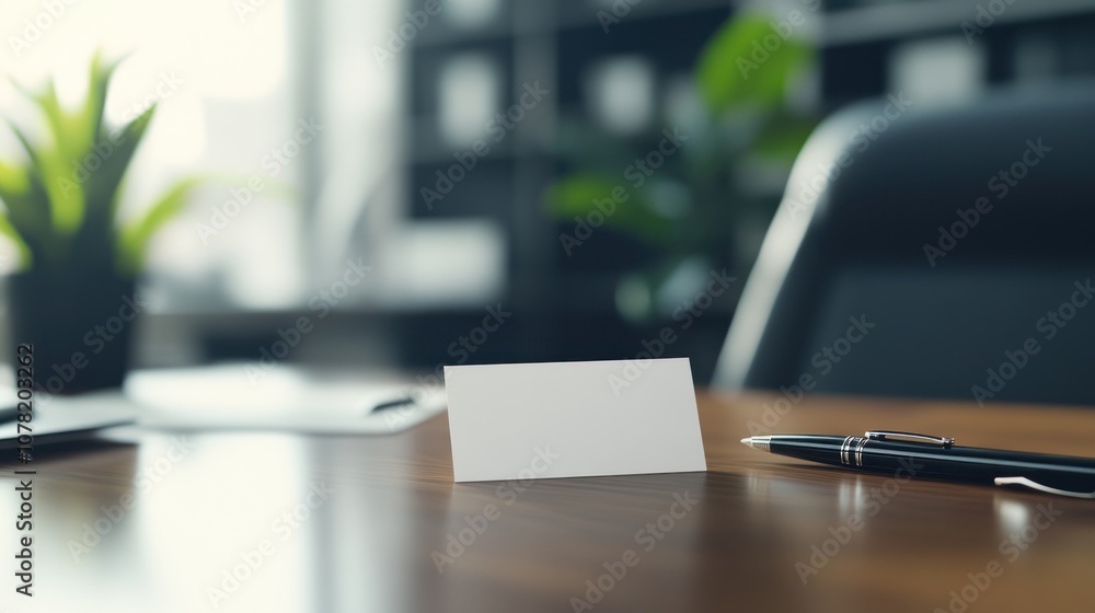 Blank Business Card and Pen on Wooden Desk Blank Business Card and Pen on Wooden Desk