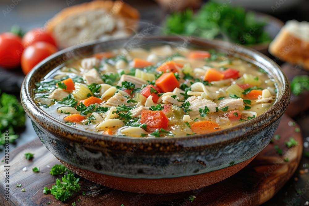Steaming Bowl of Chicken Noodle Soup with Carrots and Parsley Steaming Bowl of Chicken Noodle Soup with Carrots and Parsley