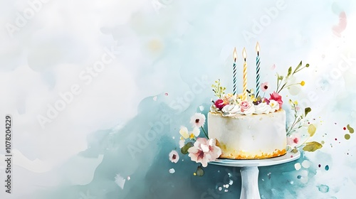 Fototapeta Naklejka Na Ścianę i Meble -  Watercolor Artistic using soft, brushy watercolor strokes, Single object picture - a charming birthday card placed on a small table surrounded by flowers