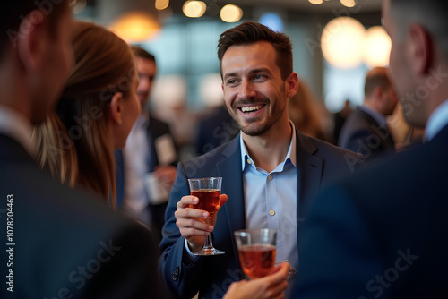 Happy businessman laughing while holding drink glass during networking event at convention center, sharing startup ideas and discussing new innovation at business conference