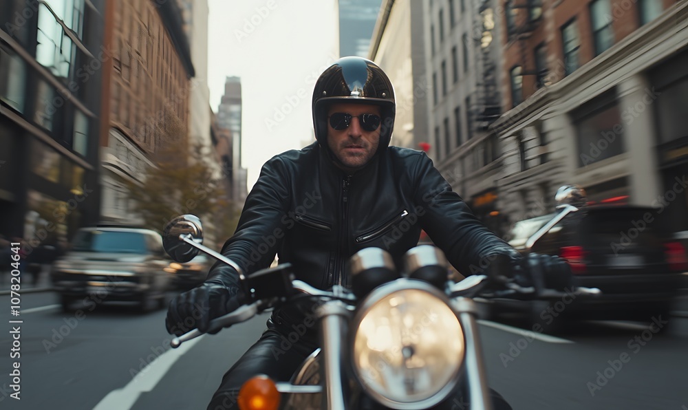 Motorcyclist riding his motorcycle in the city wearing a black leather jacket, Generative AI Motorcyclist riding his motorcycle in the city wearing a black leather jacket, Generative AI