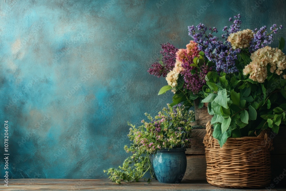 Lilac flowers in a wicker basket and a blue vase against a blue textured background. Lilac flowers in a wicker basket and a blue vase against a blue textured background.