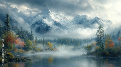 Serene mountain landscape with a misty river and autumn foliage.