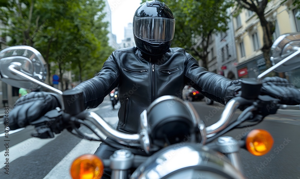Motorcyclist riding his motorcycle in the city wearing a black leather jacket, Generative AI Motorcyclist riding his motorcycle in the city wearing a black leather jacket, Generative AI