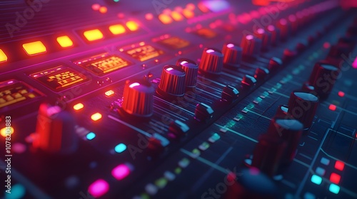 Close-up of a soundboard with red and blue lights.