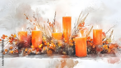 Watercolor Artistic using soft, brushy watercolor strokes, Single object picture - a festive table decorated with candles and a congratulatory banner