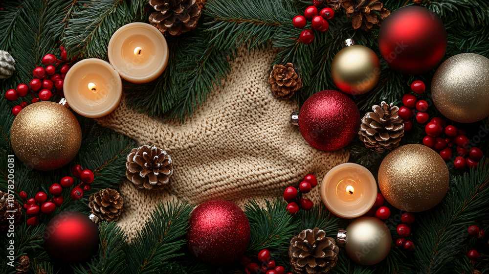 Holiday Decor with Candles and Christmas Tree on Knit Blanket Holiday Decor with Candles and Christmas Tree on Knit Blanket