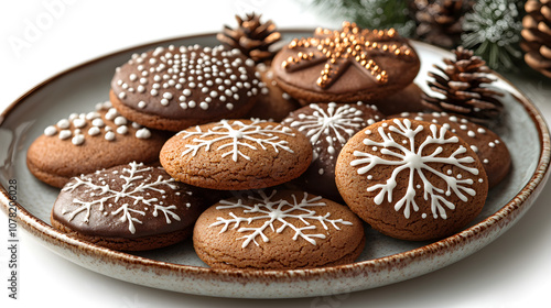 Delicious Christmas cookies decorated with icing and festive designs