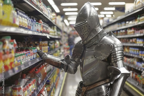 Knight in armor shopping for groceries, quirky and unexpected