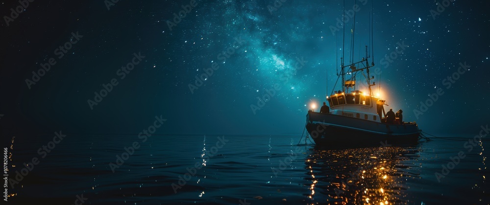 Obraz premium A serene night scene of a fishing boat under a starry sky.