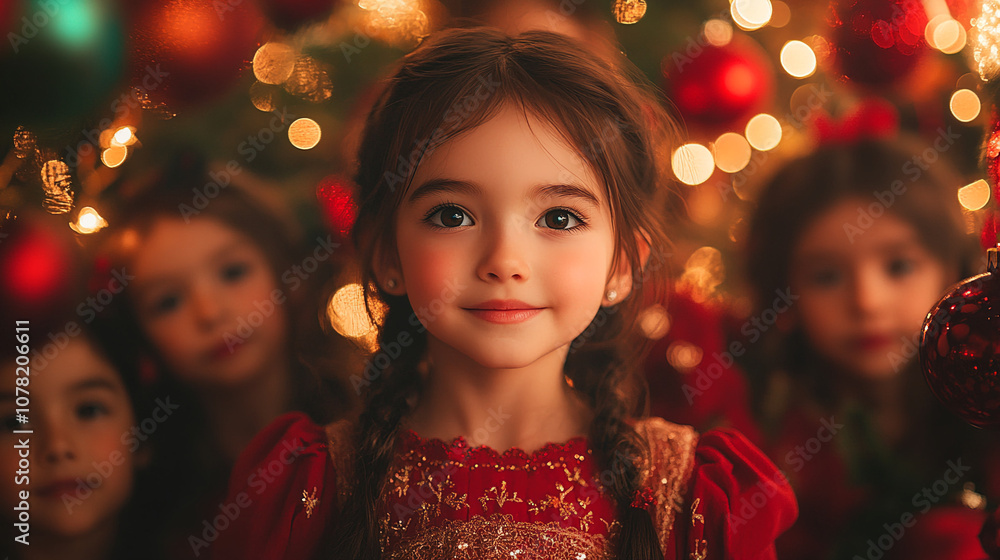 Adorable Girl in Christmas Attire Surrounded by Holiday Lights Adorable Girl in Christmas Attire Surrounded by Holiday Lights