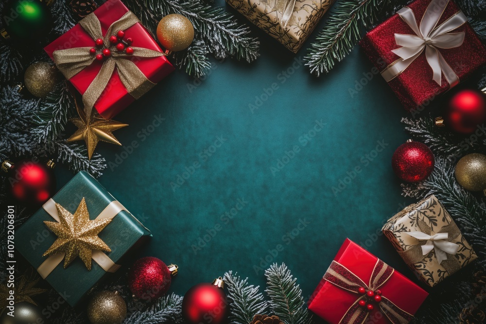 Blue Christmas background with a frame of gift boxes and Christmas tree branches with balls. Realistic image. Blue Christmas background with a frame of gift boxes and Christmas tree branches with balls. Realistic image.