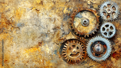 A close up of four different sized gears on a rusty surface. Concept of nostalgia and the passage of time