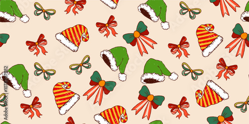 Cartoon Seamless Pattern with Colorful Bows, Ribbons and Santa Hats. Christmas trendy holiday pattern perfect for wrapping paper, web, print, fashion, cards.