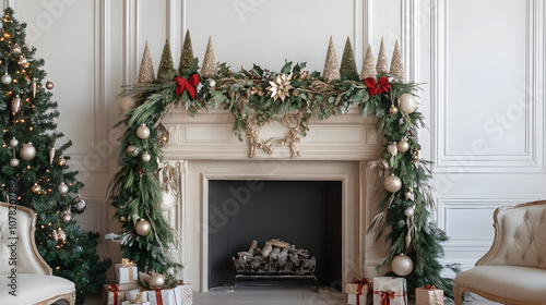 Cozy Christmas decor around festive fireplace with elegant ornaments