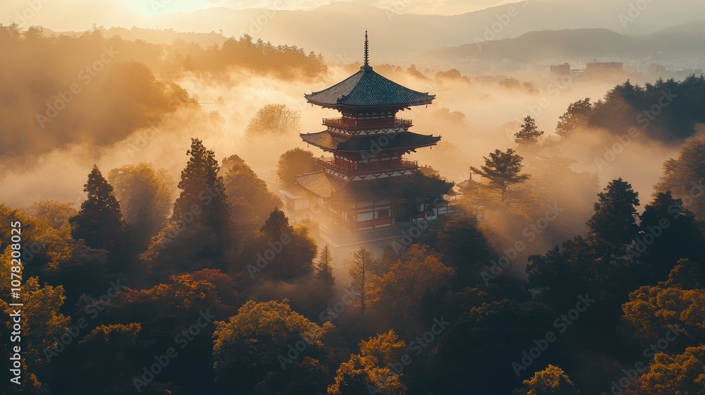 Majestic Pagoda in Misty Sunrise Landscape Majestic Pagoda in Misty Sunrise Landscape