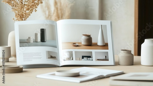 Branding brochures and catalog open to high-quality product images on a table