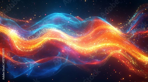 Smooth flowing digital waves in shades of orange, red, and blue with glowing accents