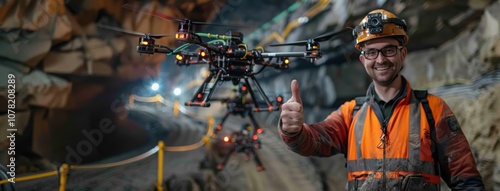 Happy male miner with drones in a dark tunnel, showcasing modern mining technology. photo