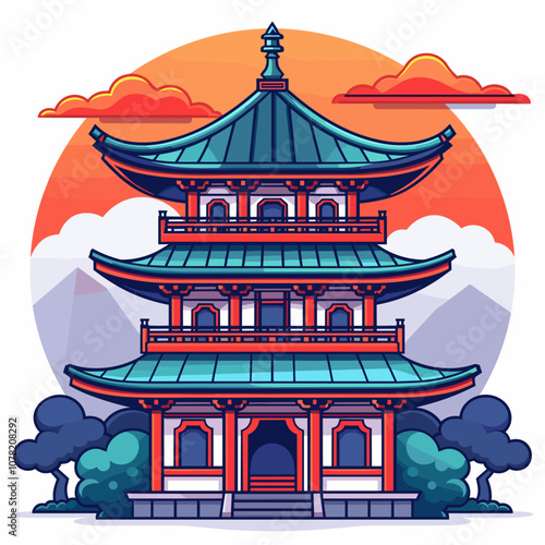 Chinese temple building in flat style. Vector illustration of Chinese temple