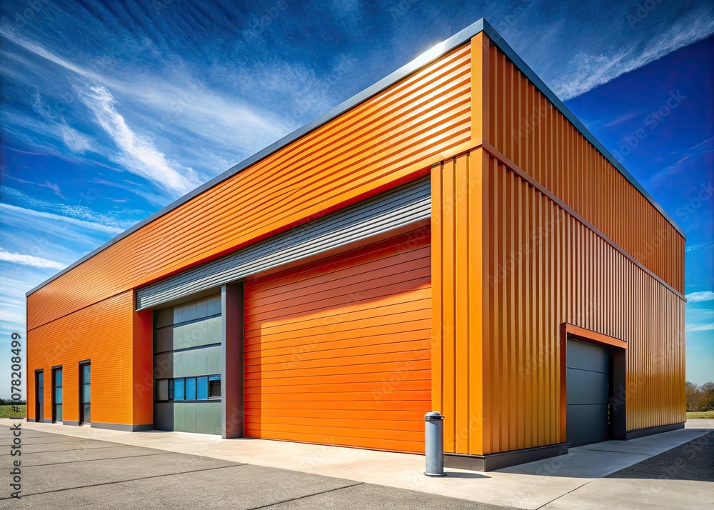 Fototapeta premium Modern Industrial Warehouse with Orange Roller Shutter Door - Contemporary Design, Urban Architecture, and Stylish Storage Solutions