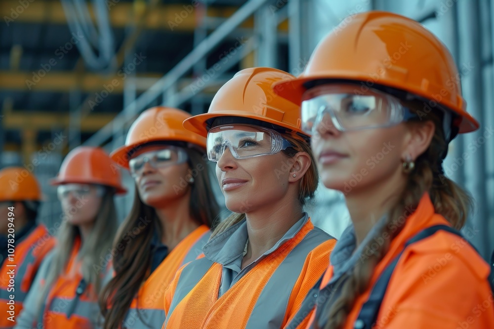 Construction Workers in Safety Gear Standing in Line at a Building Site, Focusing on Teamwork and Safety Awareness During Daylight Hours Construction Workers in Safety Gear Standing in Line at a Building Site, Focusing on Teamwork and Safety Awareness During Daylight Hours