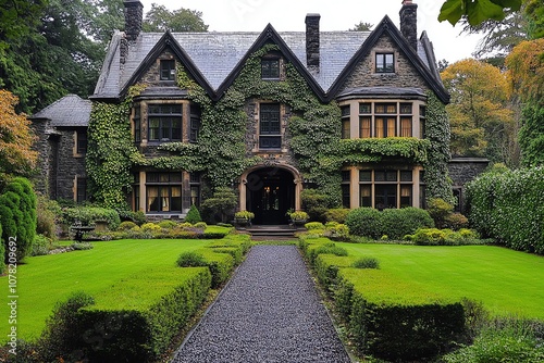 A grand stone mansion with ivy climbing up the walls, set amidst a manicured lawn with a pathway leading to the entrance.