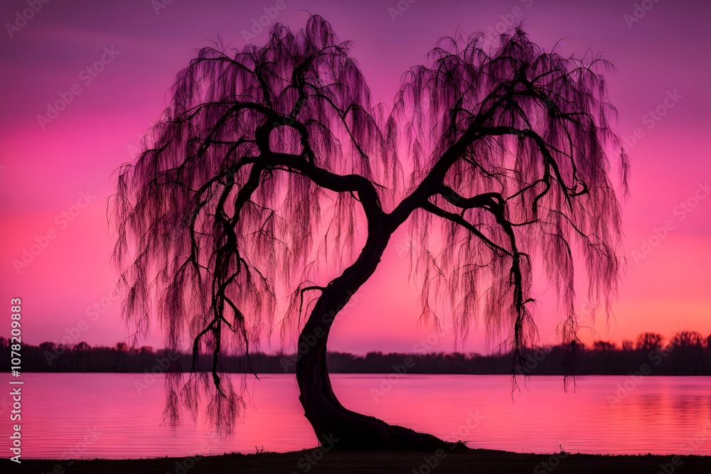 Willow tree silhouette bending over a calm lake reflecting the neon pink and orange sunset sky., Ai Generated Willow tree silhouette bending over a calm lake reflecting the neon pink and orange sunset sky., Ai Generated