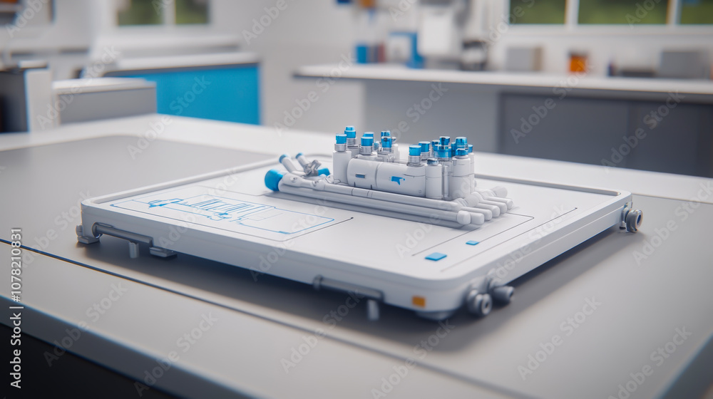 A white and blue model of a ship is on a table A white and blue model of a ship is on a table