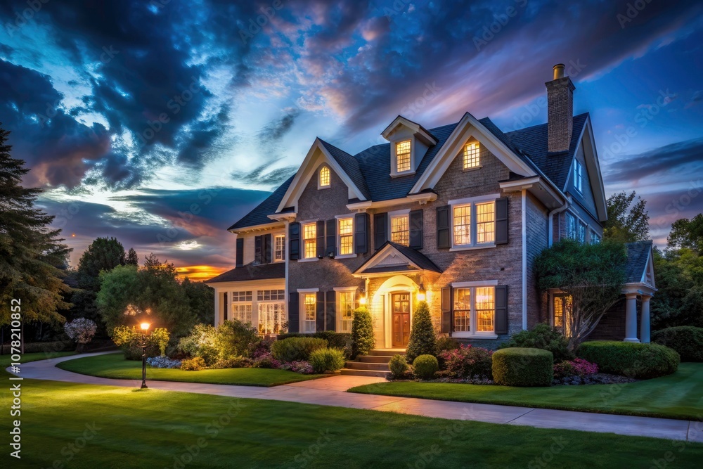 Serene Suburban Nightscape with Long Exposure of a Warmly Illuminated House Under Dark Blue Sky Serene Suburban Nightscape with Long Exposure of a Warmly Illuminated House Under Dark Blue Sky