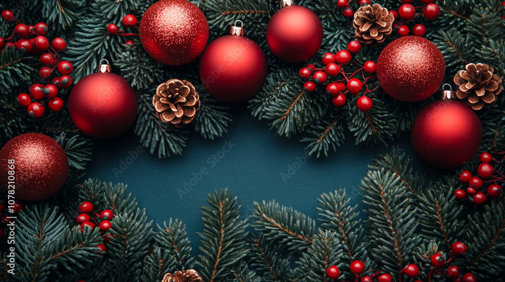 A Christmas-themed border with red ornaments, pine cones and greenery on a dark background A Christmas-themed border with red ornaments, pine cones and greenery on a dark background