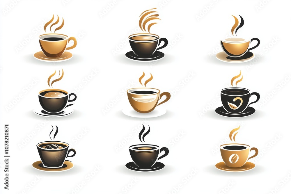 Obraz premium Set of 9 Colorful Coffee Cups with Steam on White Background