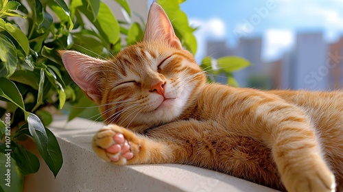 Lazy Cat on Sunlit Balcony, a content feline stretches leisurely in warm sunlight, surrounded by vibrant plants and a serene outdoor setting. photo