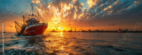 A vibrant fishing boat at sunset with seagulls soaring in the background.