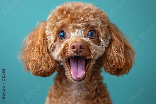 Brown poodle with large curly hair captured in a stylish pet portrait.