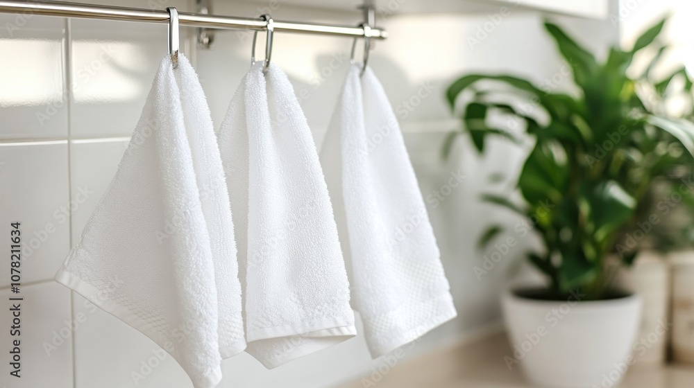 Fototapeta premium Three White Kitchen Towels Hanging on a Silver Rail