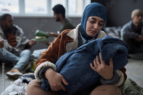 Принти на полотні Portrait of distressed young Middle Eastern woman holding baby while sitting on