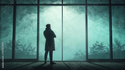 Silhouette of a Man Standing by Foggy Window with Mystical Landscape